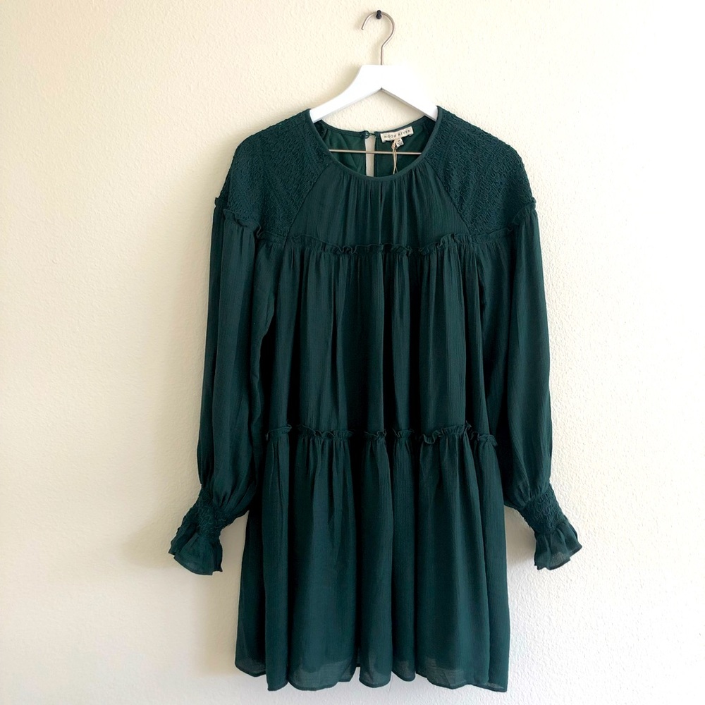 NWT Moon River Shopbop Smocked Long Sleeve TierMini Dress Emerald Green Medium